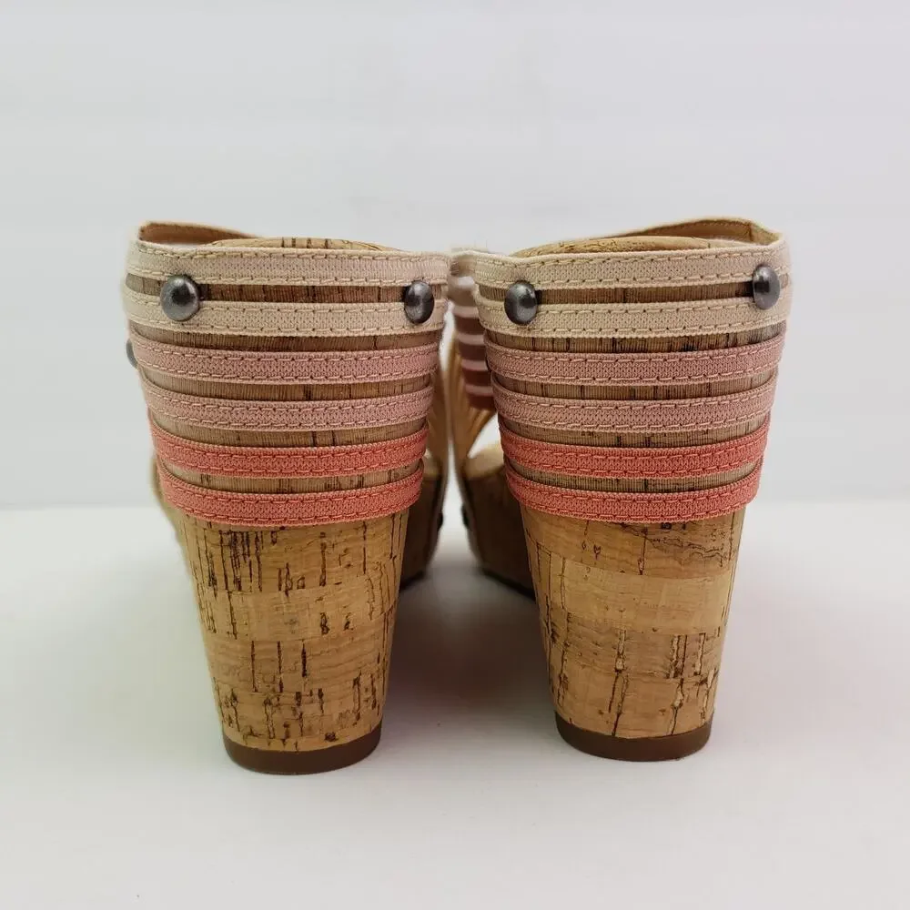 Lucky Brand Mykayla Womens Size 9.5 Pink White Cork Slide Wedge Sandals